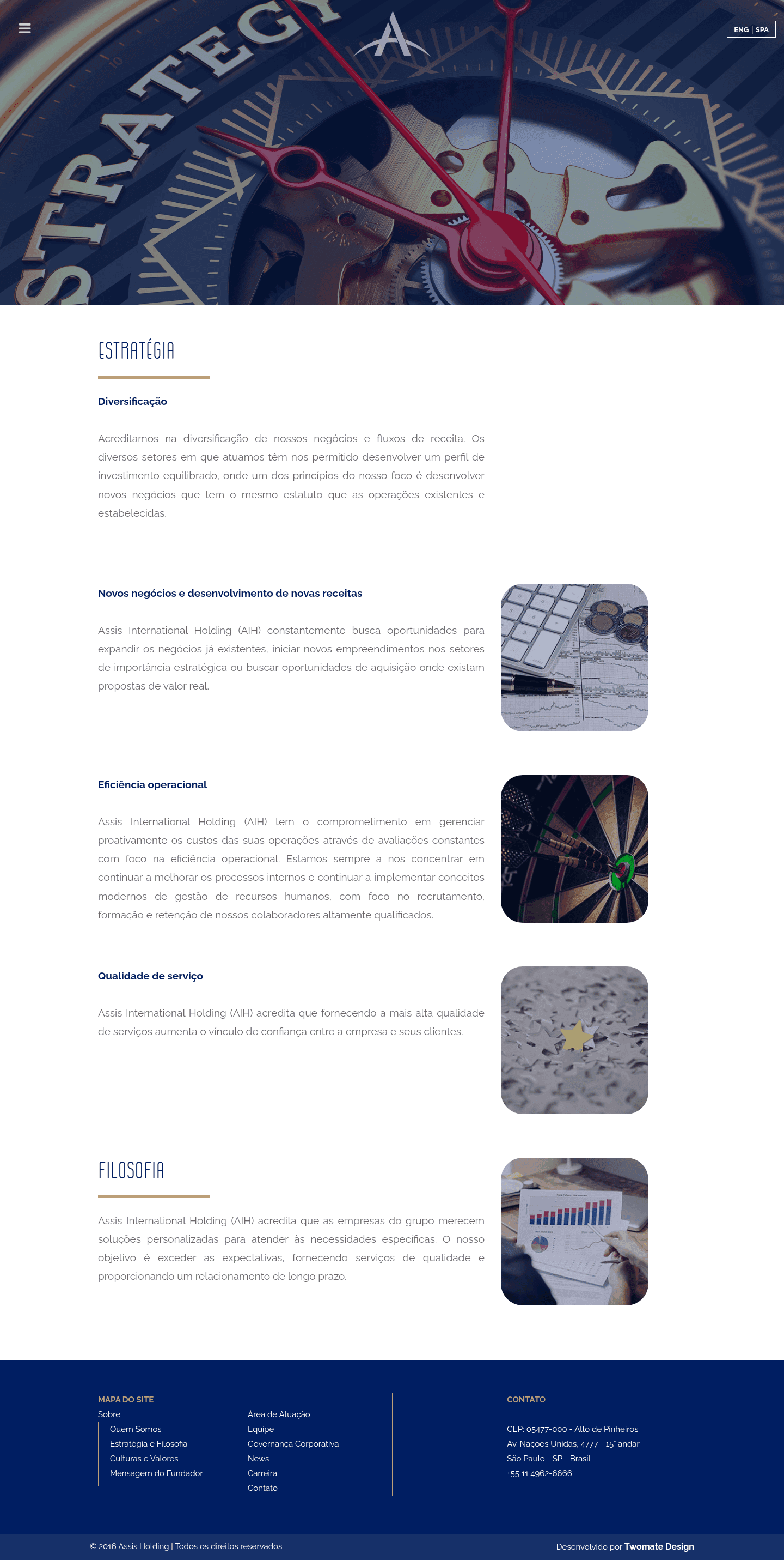 Página interna de Estratégia e Filosofia, com blocos de texto e imagens de apoio