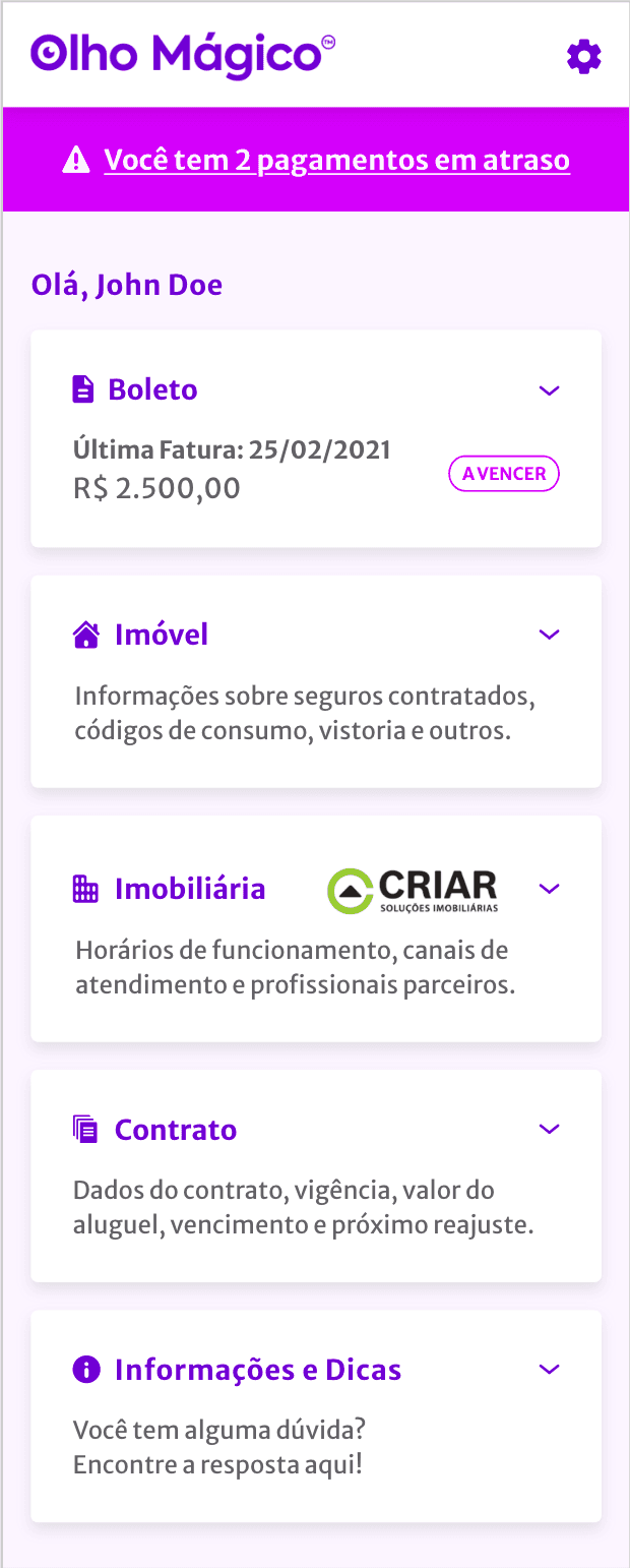 Home do app com aviso de pagamentos em atraso