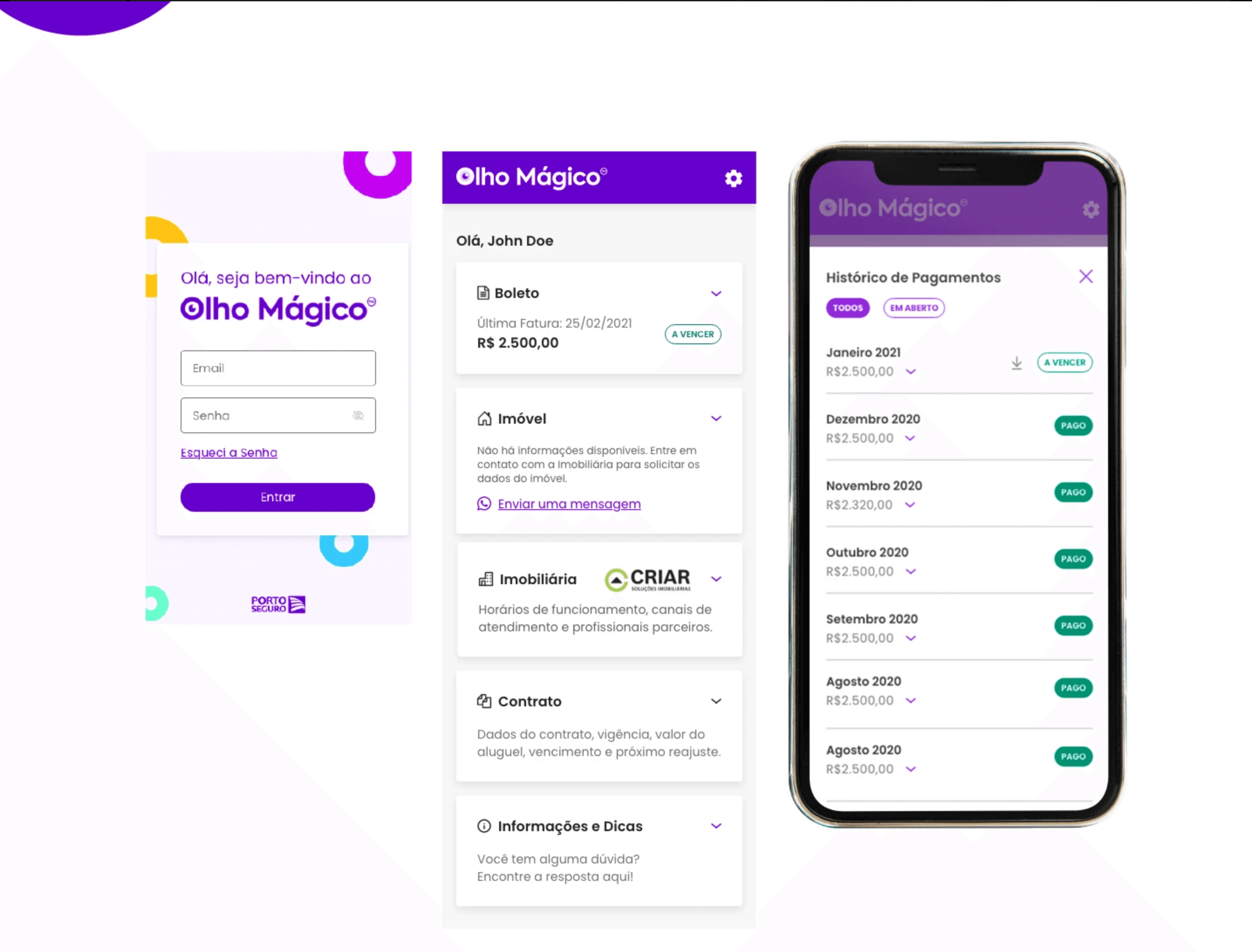 Telas do app do inquilino: login, home e histórico de pagamentos