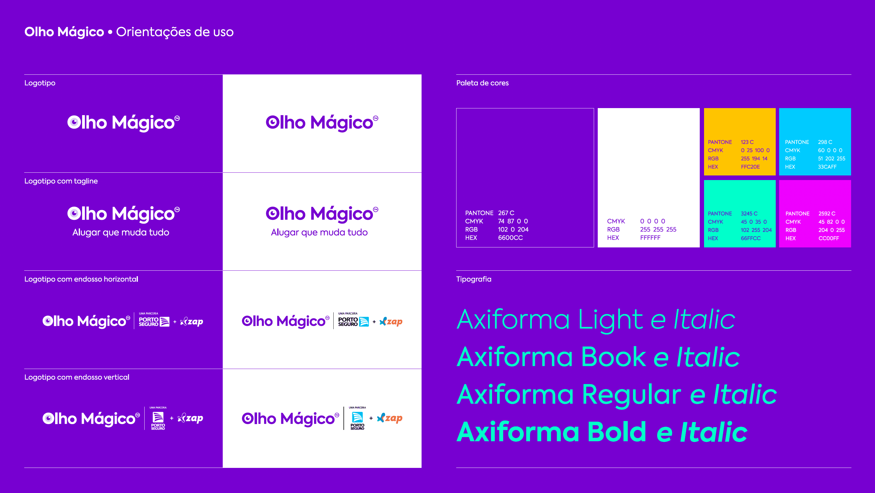 Orientações de uso da marca Olho Mágico: logotipo, tagline, paleta de cores e tipografia
