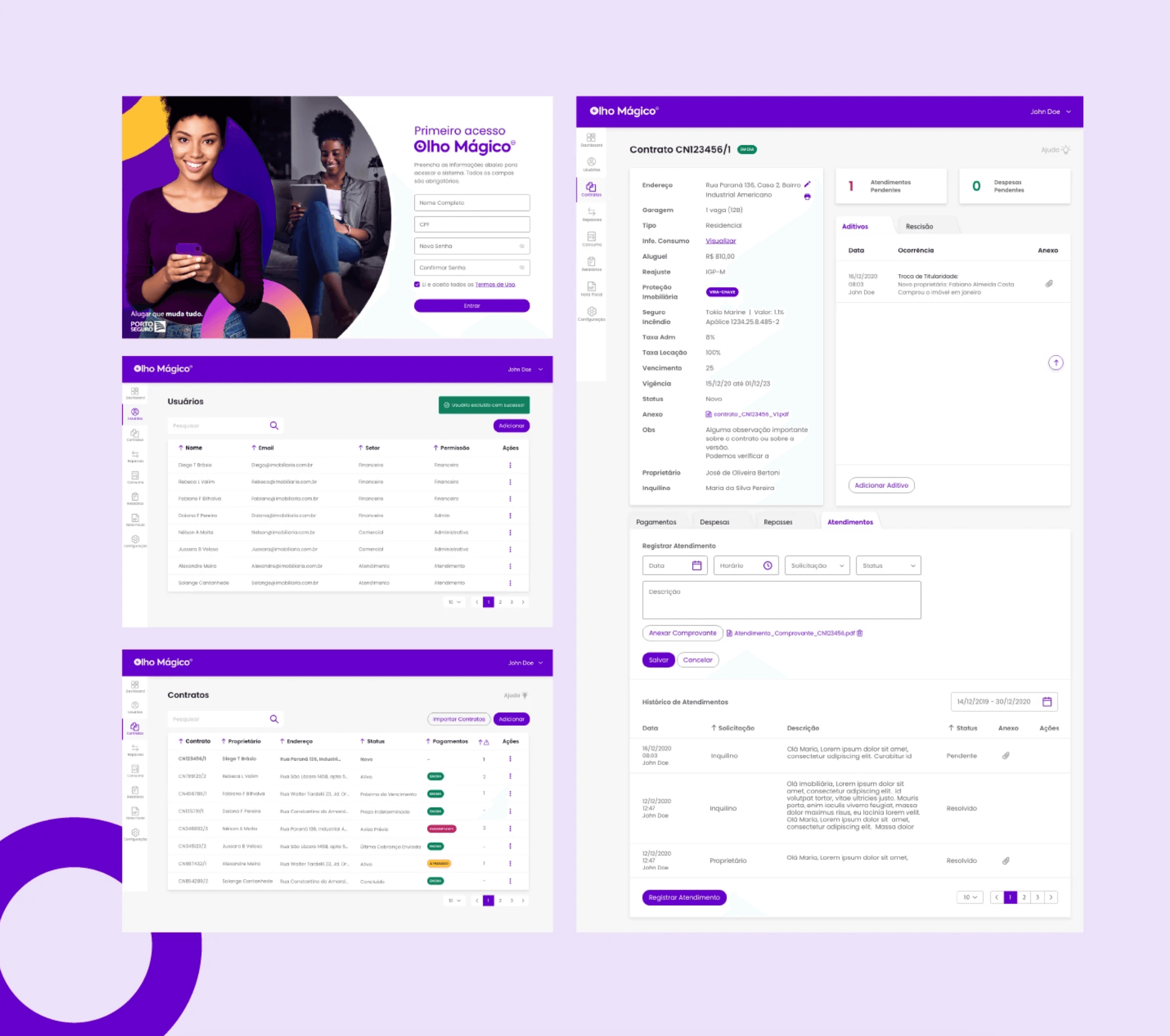 Telas do sistema: primeiro acesso, usuários, contratos e detalhe do contrato