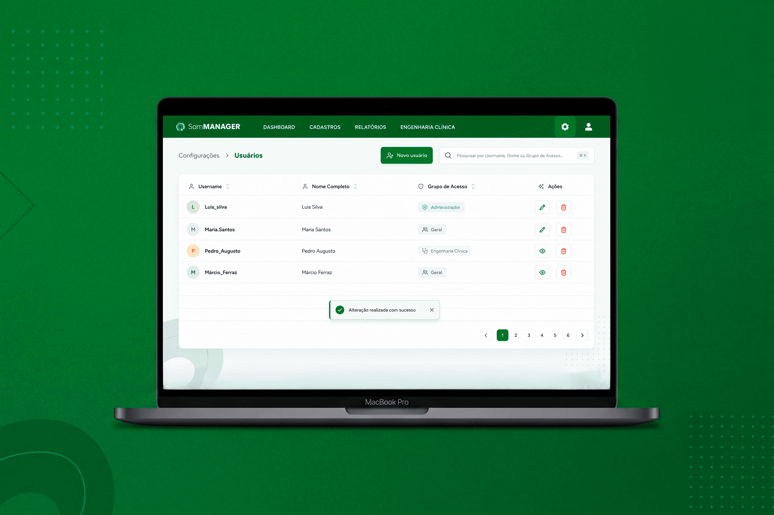 Sistema web do SamMANAGER: gestão de usuários e grupos de acesso